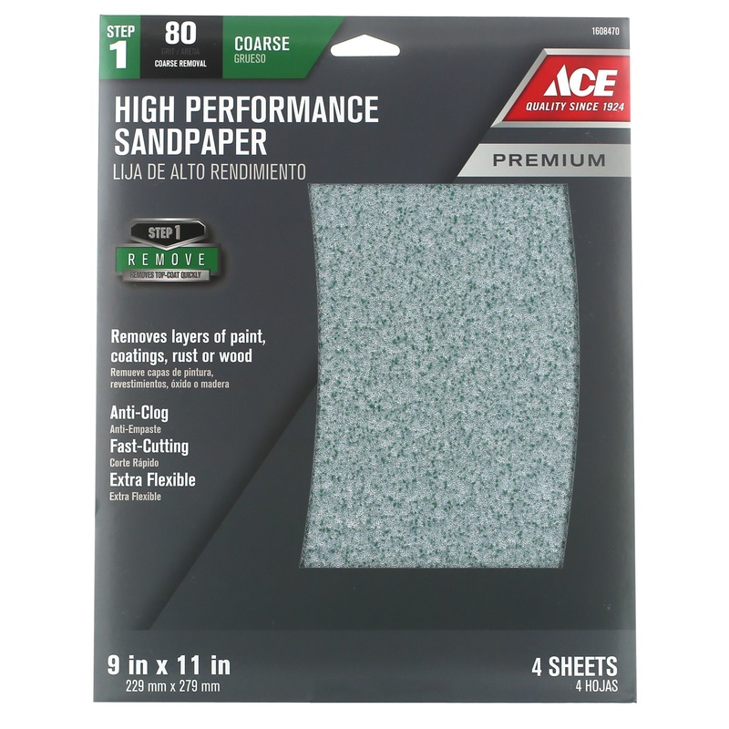 Ace 9" x 11" 80 Grit Aluminum Oxide Sandpaper 4 pk